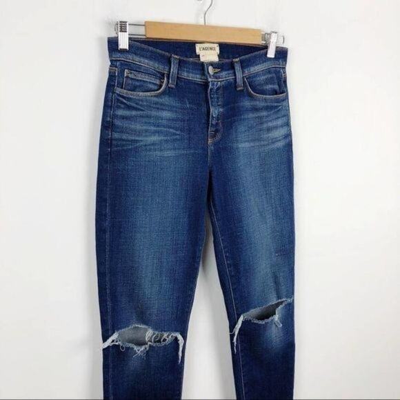 L'AGENCE Rachel Ripped Crop Slim Fit Blue Slouch Cuffed Jeans Size 24 Stretch - Picture 2 of 16